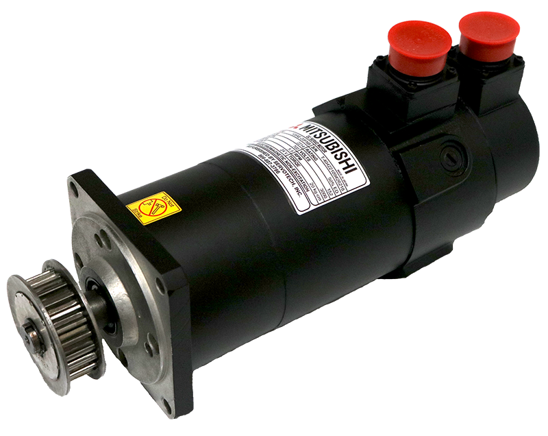 A black Mitsubishi dc servo motor that was repaired and refurbished by technicians at Servotech, Inc.